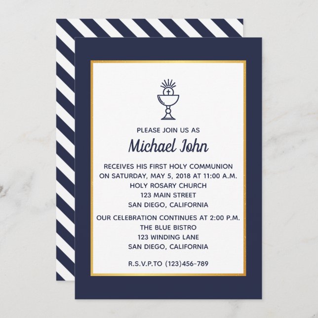 Elegant Nautical Blue Faux Gold First Communion Invitation (Front/Back)
