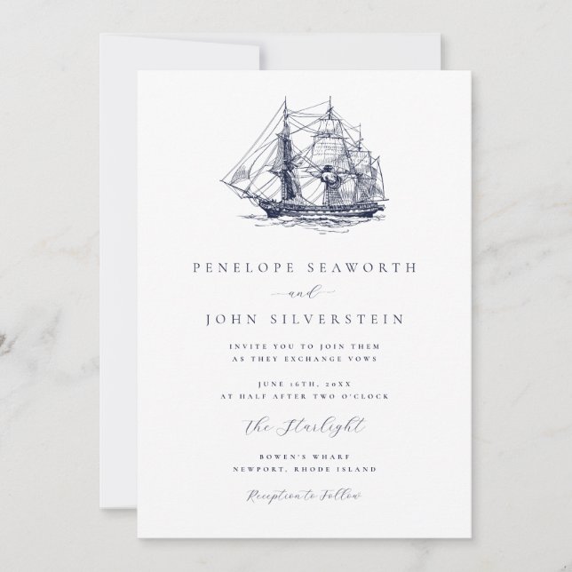 Elegant Nautical Boat Illustration Wedding Invitation (Front)
