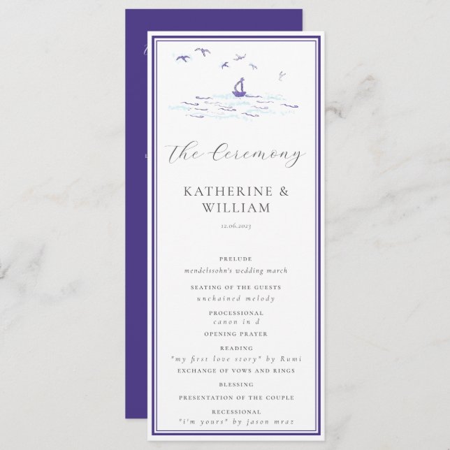 Elegant Nautical Boat Waves Navy Frame Wedding Programme (Front/Back)