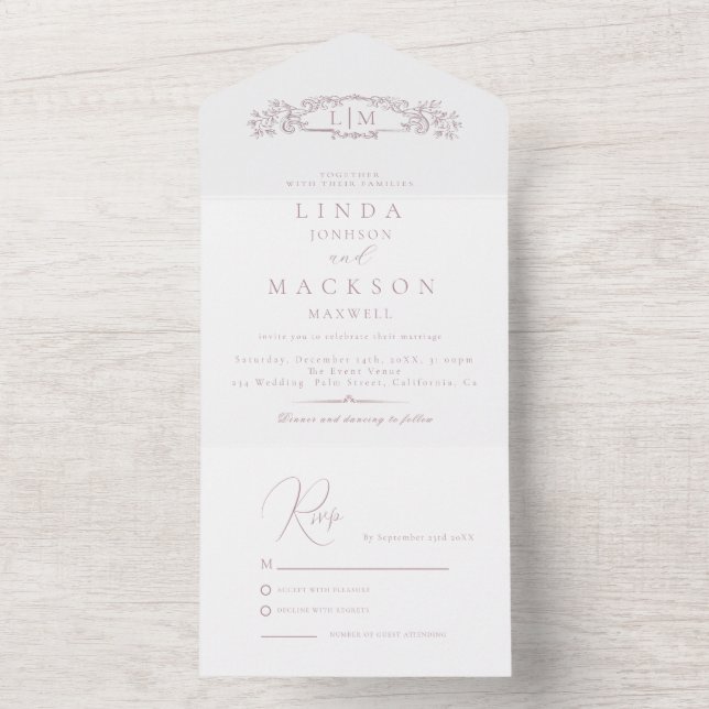 Elegant Nautical botanical crest monogram wedding All In One Invitation (Inside)