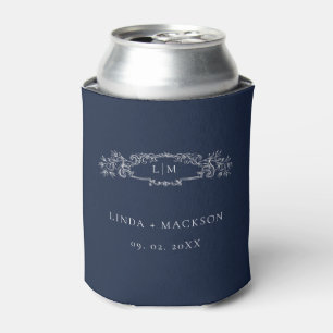 Elegant Nautical  botanical crest monogram wedding Can Cooler