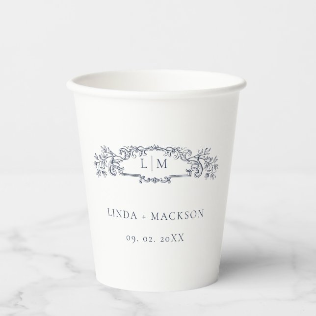 Elegant Nautical  botanical crest monogram wedding Paper Cups (Front)