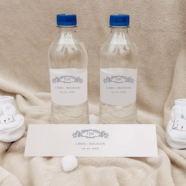 Elegant Nautical  botanical crest monogram wedding Water Bottle Label (Creator Uploaded)