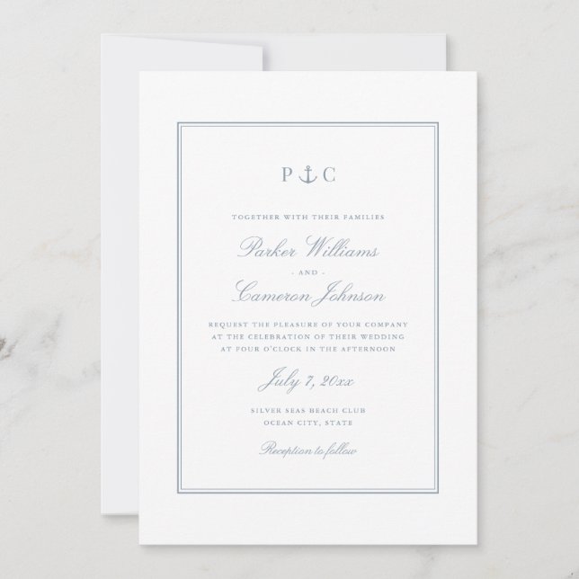 Elegant Nautical Dusty Blue Anchor Wedding Invitation (Front)