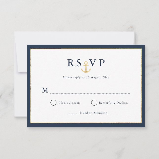 Elegant nautical gold navy blue RSVP card (Front)