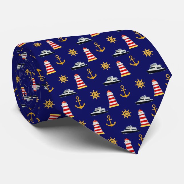 Elegant Nautical Icons on Navy Blue Tie (Rolled)