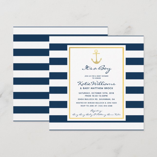 Elegant Nautical Navy and Gold Anchor Baby Shower Invitation (Front/Back)