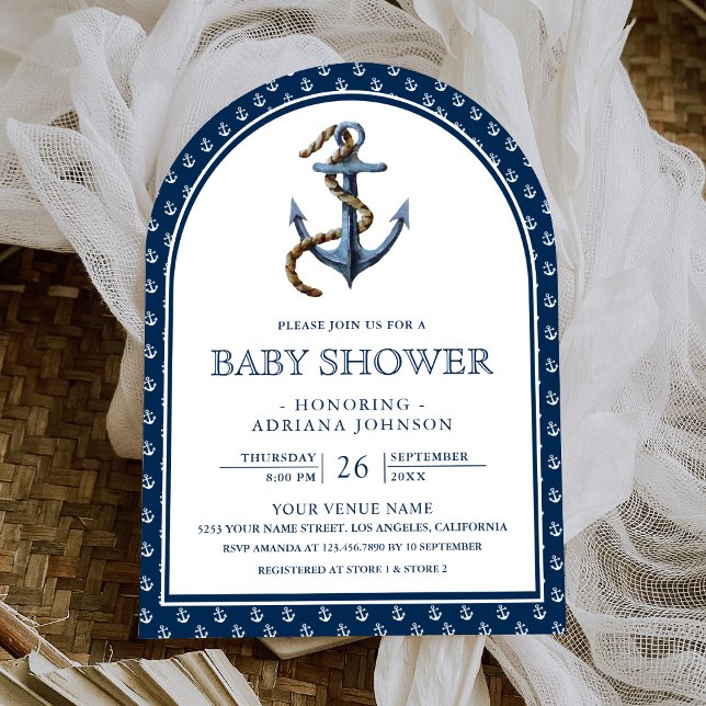 Elegant Nautical Navy Blue Anchor Baby Shower Invitation (Creator Uploaded)