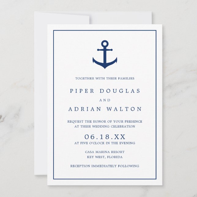 Elegant Nautical Navy Blue Anchor Wedding Invitation (Front)