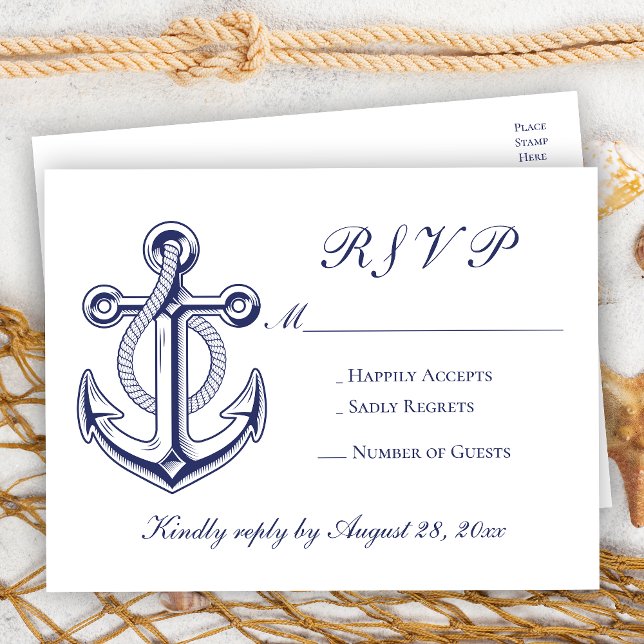 Elegant Nautical Navy Blue Anchor Wedding RSVP  Invitation Postcard (Creator Uploaded)