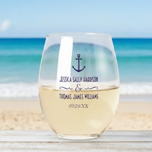 Elegant Nautical Navy Blue Anchor Wedding Stemless Wine Glass (Creator Uploaded)