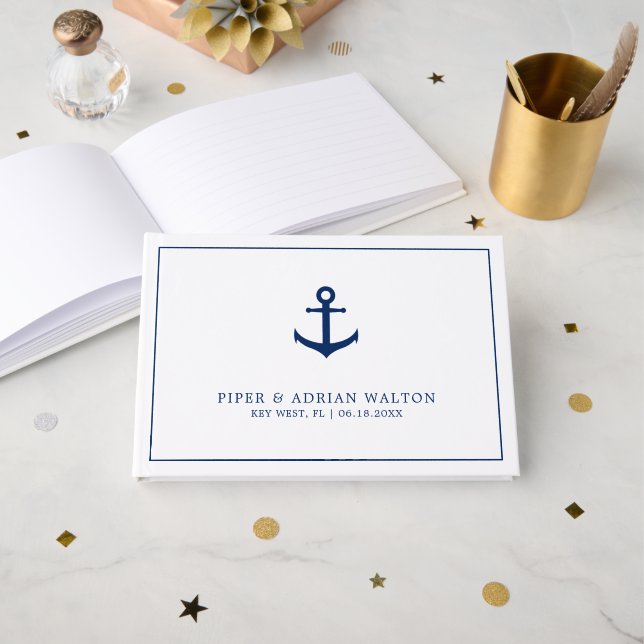 Elegant Nautical Navy Blue White Anchor Wedding Guest Book (Front Open)