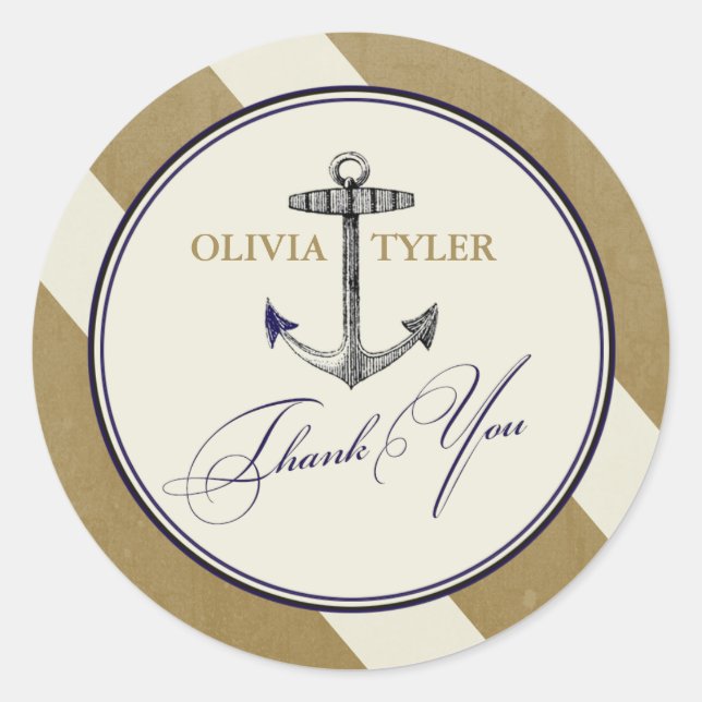 Elegant Nautical Navy & Gold Thank You Sticker (Front)