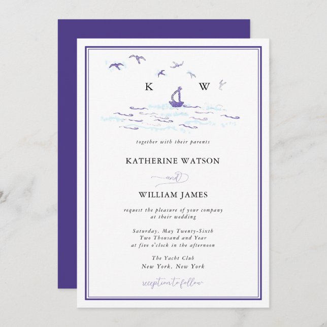 Elegant Nautical Ocean Sailboat Ink Print Wedding Invitation (Front/Back)