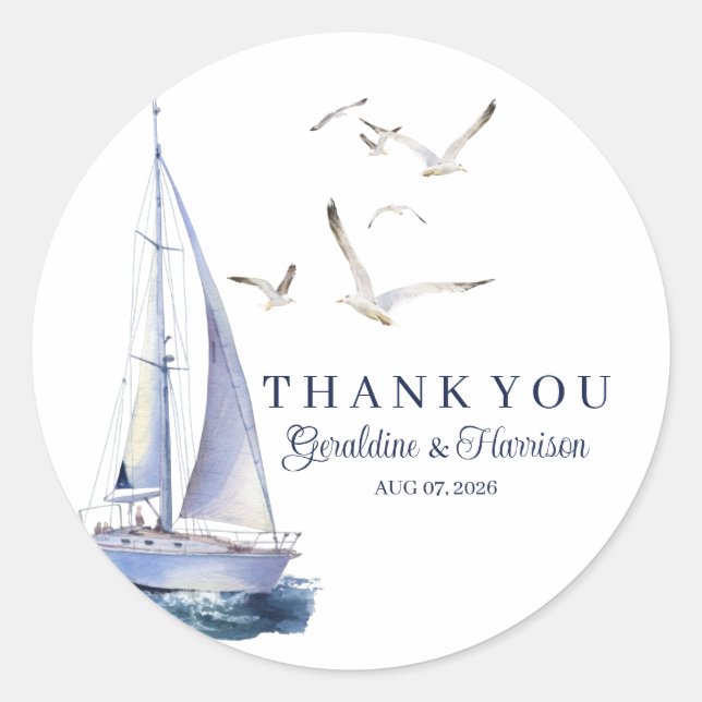 Elegant Nautical Sailing Wedding Thank You Sticker (Front)