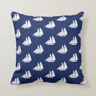 Elegant Nautical  Sailing Yacht Pattern on Blue Cushion