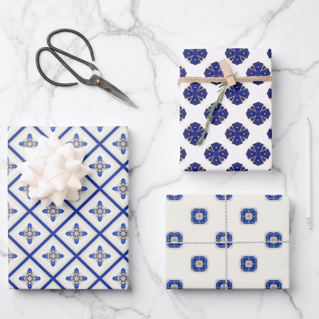 Elegant Nautical Sapphire Blue and White Wrapping Paper Sheet (Front)