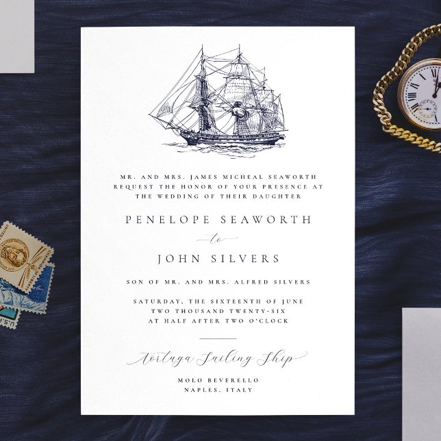 Elegant Nautical Ship Illustration Formal Wedding Invitation (Formal wedding invitation with an illustration of a sailing ship)