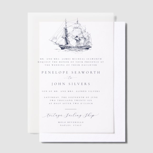 Elegant Nautical Ship Illustration Formal Wedding Vellum Invitations (Offset)