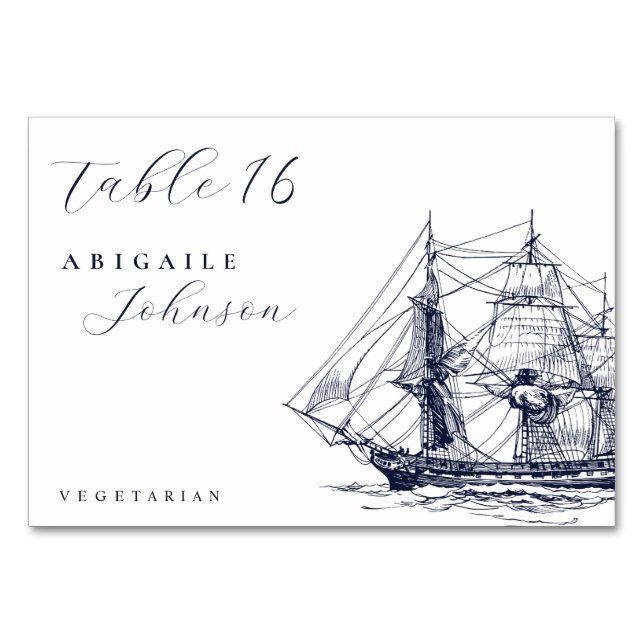 Elegant Nautical Ship Illustration Script Wedding Table Number (Front)