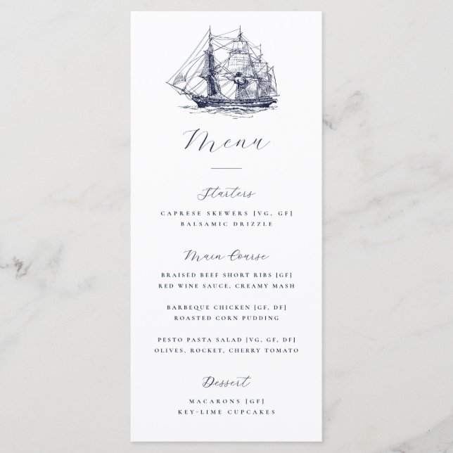 Elegant Nautical Ship Illustration Wedding Menu (Front)