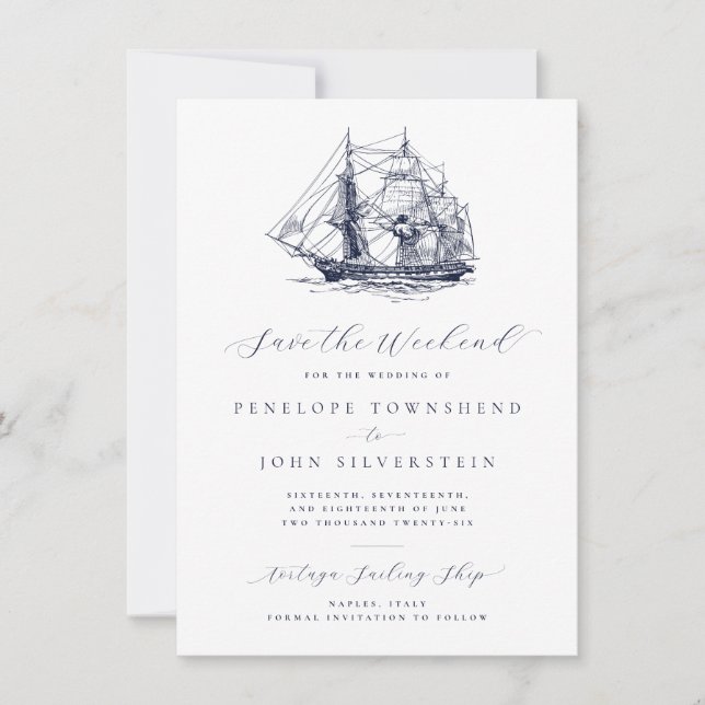 Elegant Nautical Ship Illustration Weekend Wedding Save The Date (Front)