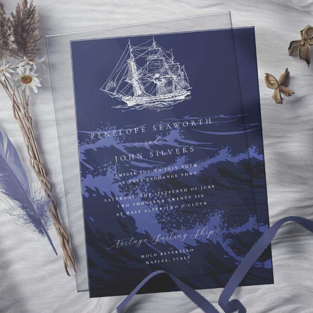 Elegant Nautical Ship Illustration White Wedding Acrylic Invitations (In Situ of invitation over dark blue waves background. See my collection for matching card)
