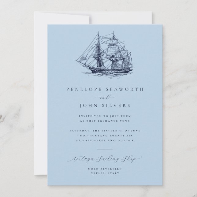 Elegant Nautical Ship Sky Blue Wedding Invitation (Front)