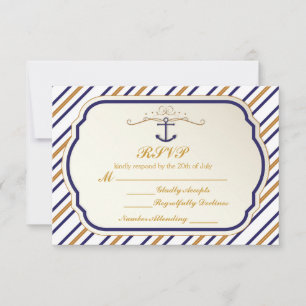 Elegant Nautical Striped Blue Gold Anchor RSVP Card