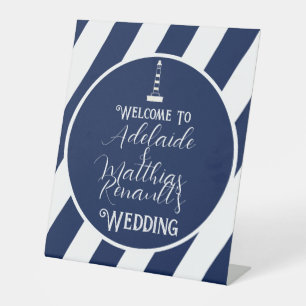 Elegant Nautical Striped Wedding -Navy Blue, White Pedestal Sign
