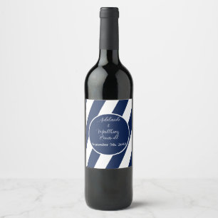 Elegant Nautical Striped Wedding -Navy Blue, White Wine Label