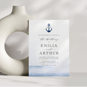 elegant nautical style watercolor blue wedding invitation