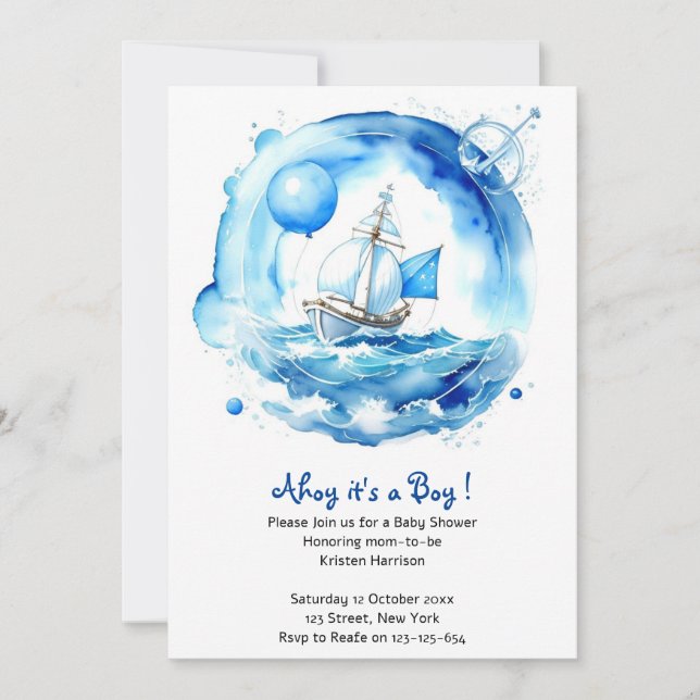 Elegant Nautical Watercolor Boy Baby Shower Invitation (Front)