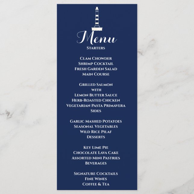 Elegant Nautical Wedding Lighthouse White & Blue Menu (Front)