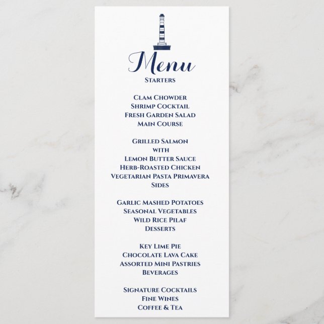Elegant Nautical Wedding Lighthouse White & Blue Menu (Front)