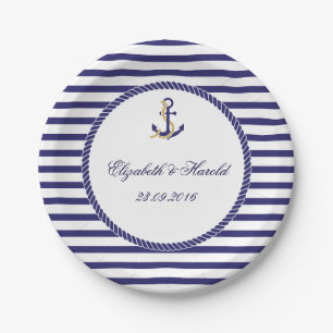 Elegant Nautical Wedding Navy Stripes Paper Plate