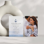 elegant nautical wedding save the date postcard<br><div class="desc">blue nautical theme design with a lovely photo of the couple. You can edit the text and colours.</div>