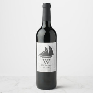Elegant Nautical White Wood Grey Sailboat Wine Label