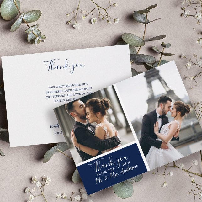 Elegant Navy 2 Photo Collage Wedding Card (Creator Uploaded)