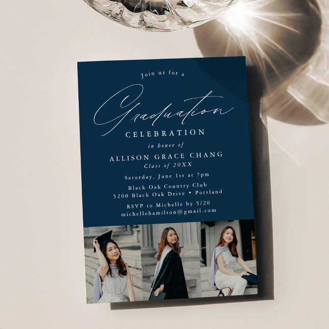Elegant Navy 3 Photo Graduation Party Invitation (Creator Uploaded)