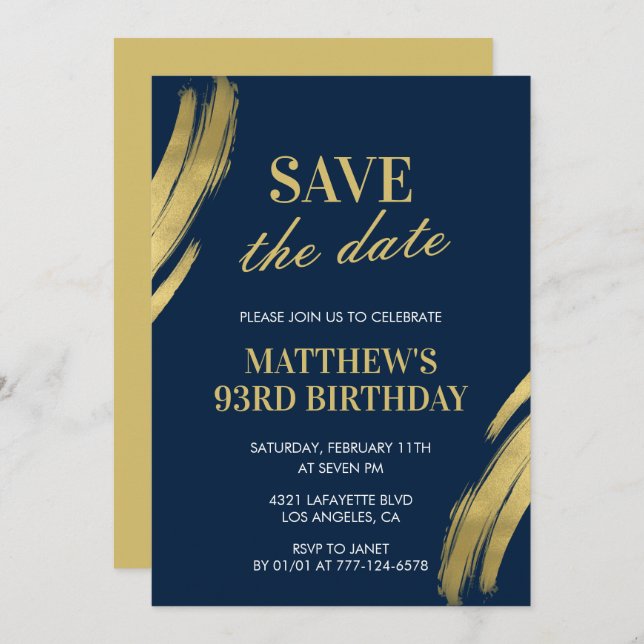 Elegant Navy 93rd birthday Save the date  Invitation (Front/Back)