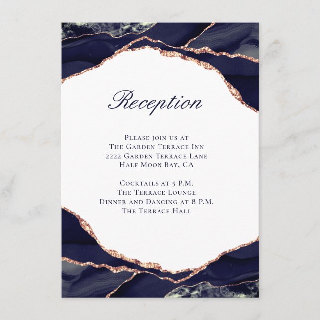 Elegant Navy Agate Rose Gold Wedding Reception Enclosure Card (Front)