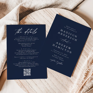 Elegant Navy All In One QR Code Wedding Invitation