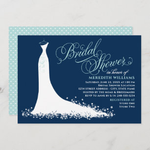 Elegant Navy and Aqua Wedding Gown Bridal Shower Invitation