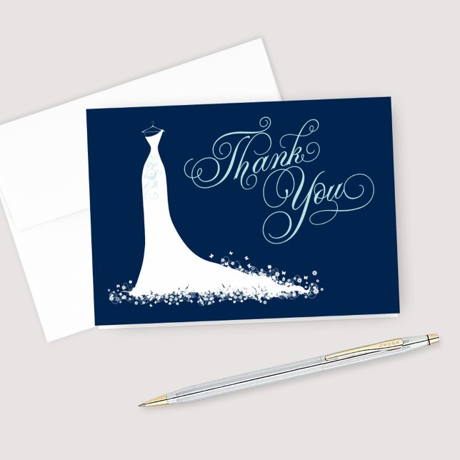 Elegant Navy and Aqua Wedding Gown Bridal Shower Thank You Card (Creator Uploaded)