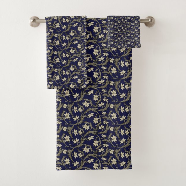 Elegant Navy and Beige Classic Floral Pattern Bath Towel Set (Insitu)