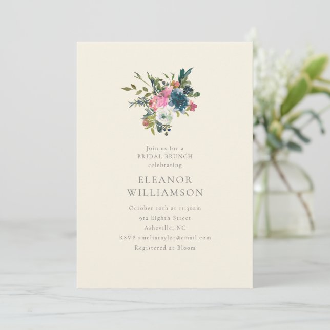 Elegant Navy and Blush Floral Bridal Brunch Invitation (Standing Front)