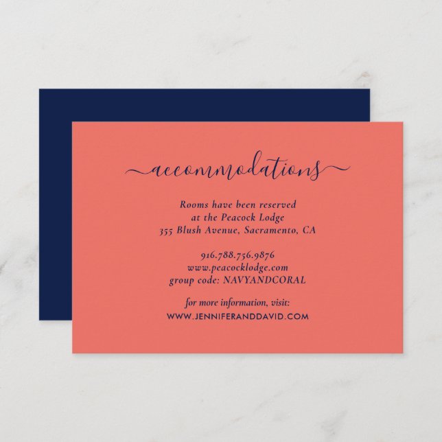 Elegant Navy and Coral Wedding Hotel Accommodation Enclosure Card (Front/Back)