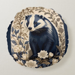Elegant Navy and Cream Badger Floral Round Cushion