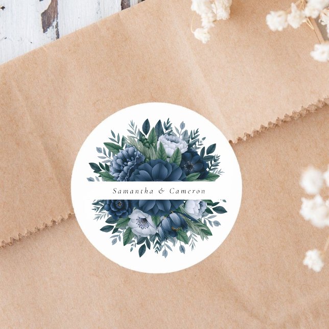 Elegant Navy and dusty Blue floral modern Wedding Classic Round Sticker (Creator Uploaded)